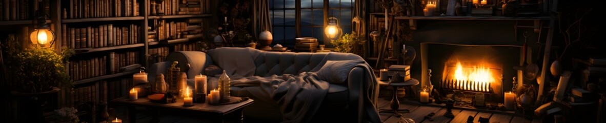 Obraz premium Cozy Retreat: A Cozy Indoor Haven, Inviting Couch, Soft Blankets, and Bookshelf Bathed in Warm Ambient Light