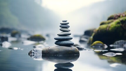 Zen Stones in Misty Nature: Serene Dawn with Balanced Stone Towers
