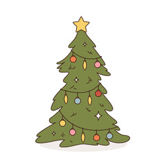 Isolated Vector illustration of simple green Christmas tree with colourful lights and star for greeting card or posters