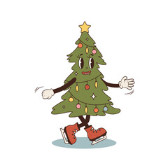 Vector Groovy ice-skating Christmas tree character with lights. Stylized isolated illustration of Retro cartoon character in style 60s 70s