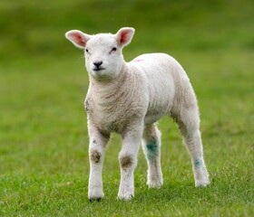 White lamb walking on a lush green grassy field in the bright sunshine of daytime