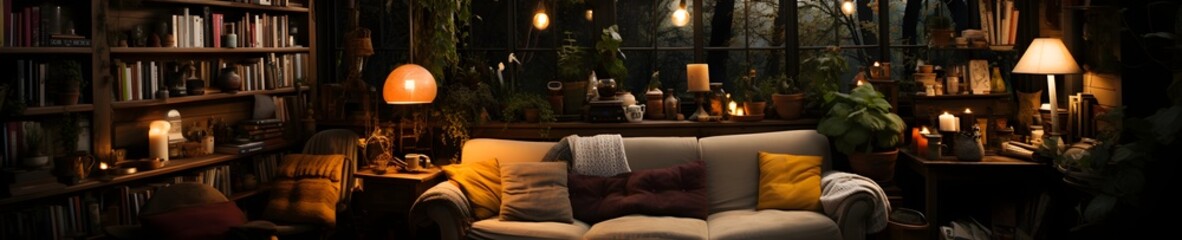 Cozy Retreat: A Cozy Indoor Haven, Inviting Couch, Soft Blankets, and Bookshelf Bathed in Warm Ambient Light