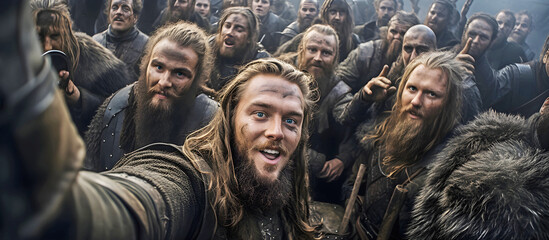 group of Vikings posing for a selfie. AI generated. - obrazy, fototapety, plakaty
