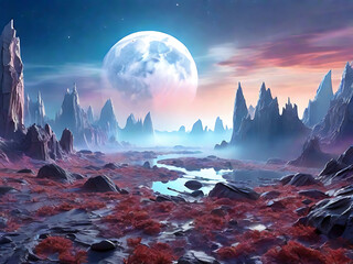 Swamps and cliffs on an unknown planet.Generative Ai