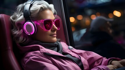 Chill Vibes: Close-Up of a Relaxed Woman in Pink Sunglasses and Headphones
