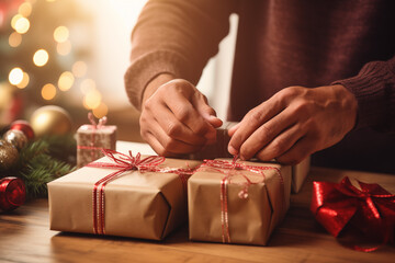 Hands of man wrapping Christmas gifts in craft paper on wooden table, closeup