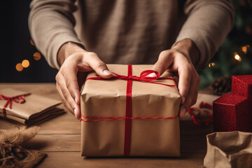 Cropped image of man wrapping Christmas gift box at wooden table. Hands with present closeup