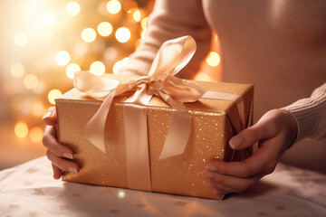 Closeup woman hands holding Christmas gift box on blurred background with bokeh lights