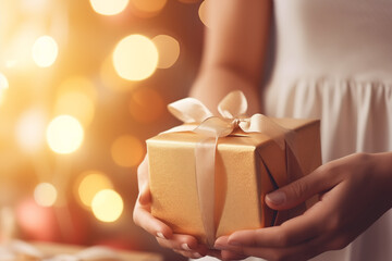 Woman holding gift box on bokeh background, close-up