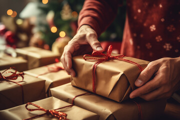 Male hands wrapping Christmas gifts in craft paper with red ribbons