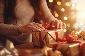 Close up of woman hands holding Christmas gift box on Christmas background