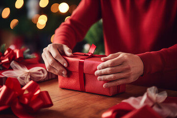 Cropped shot of man in red sweater holding Christmas gift box with red ribbon
