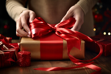 Hands wrapping Christmas gift with red ribbon on wooden table.