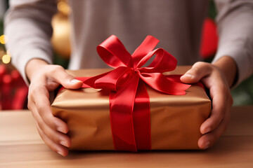 Close-up of female hands holding a Christmas present with red ribbon