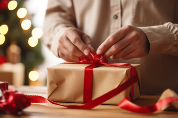 Man wrapping Christmas gift with red ribbon at table, closeup. Festive atmosphere