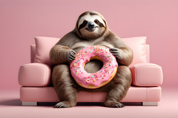 fat sloth with a donut on the sofa on pink background - obrazy, fototapety, plakaty