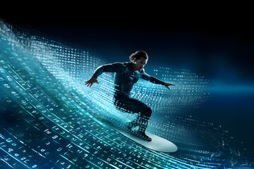 Fearless man surfing on a big blue wave of digital data, looking expert & in control. - obrazy, fototapety, plakaty