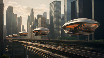 Futuristic metropolis cityscape with a row of sleek flying machines as public transport