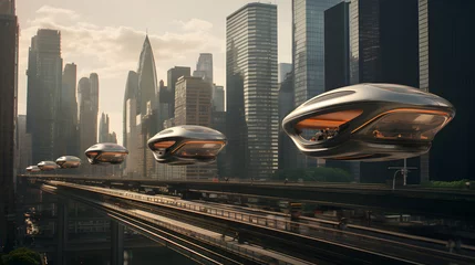 Schilderijen op glas Futuristic metropolis cityscape with a row of sleek flying machines as public transport © Giotto