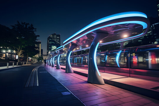 Futuristic elevated metro stop with electric train arriving or departing. Night urban landscape with blue & red lights.