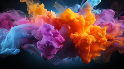 Bright orange and deep purple smoke clouds mix together with blue, effects. Abstract colorful smoke background concept. Render of beautiful multicolored cloud splashes. 3D rendering. AI generated. .