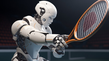 Humanoid robot playing tennis. AI sport.