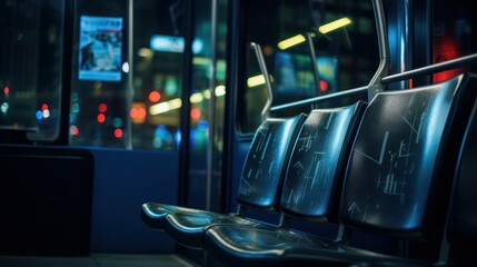 Empty public bus passenger seats at night - Powered by Adobe