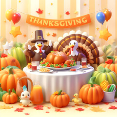 Fototapeta na wymiar 3D Thanksgiving Turkeys eat Turkey Cartoon Style