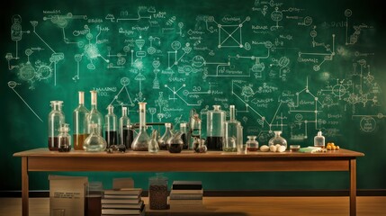 Green chalk blackboard, inside a chemistry laboratory room with several lab test glass beakers