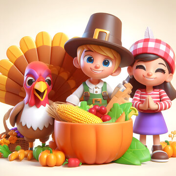 3D Thanksgiving Turkey, Boy and Girl Cartoon Style