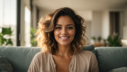 Smiling girl enjoying day off lying on the couch, healthy life style, good vibes people and new home concept