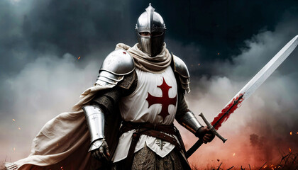 Knight Templar with sword - obrazy, fototapety, plakaty