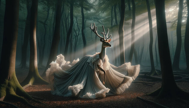 The mystical elegance of a deer in a human-inspired forest scene