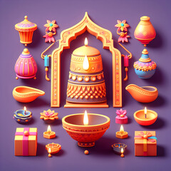 3d Diwali Hindu Festival, Modern Elements Set