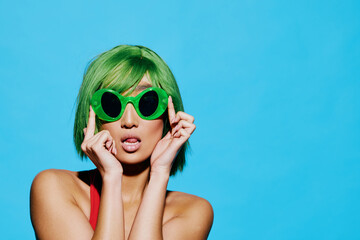 Fashion woman trendy sunglasses background smile wig portrait beauty
