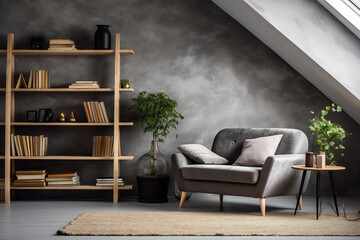 Sofa and lounge chair against grey wall with rustic shelf