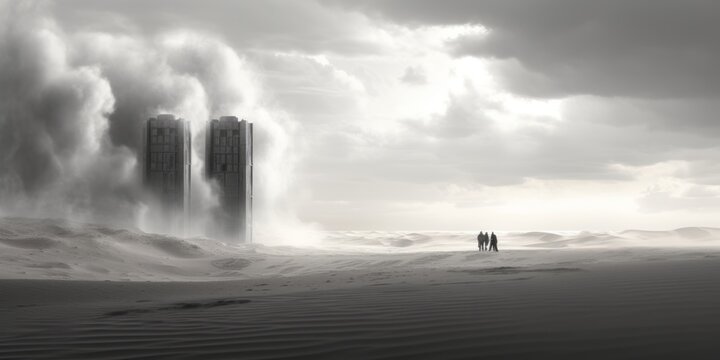 a group of people standing in a desert with tall buildings
