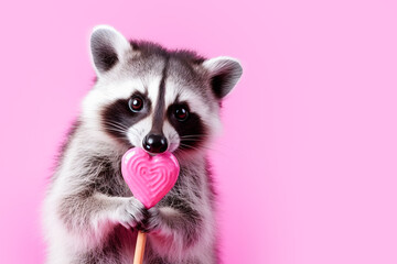 Generative AI illustration of charming raccoon holds a pink heart shaped lollipop against a pastel pink background