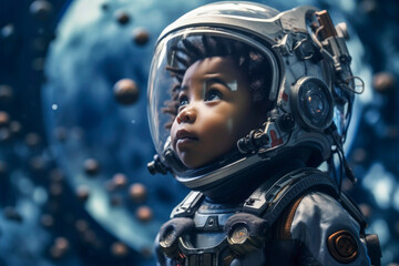 Generative AI image of an ethnic African American baby astronaut with afro hairstyle wearing Extravehicular Mobility Unit and helmet walking in outer space against spaceship
