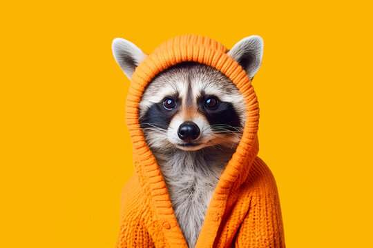 Generative AI illustration of captivating raccoon wrapped in an orange hoodie peering intently from a bright yellow background