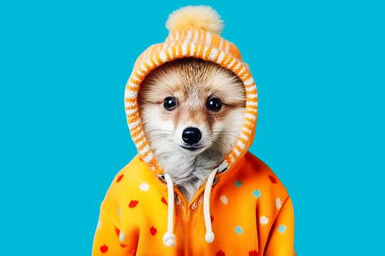 Generative AI illustration of delightful dog adorned in an orange polka-dotted hoodie with a matching pom-pom hat set against a vivid blue background