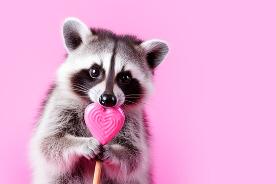 Generative AI illustration of charming raccoon holds a pink heart shaped lollipop against a pastel pink background