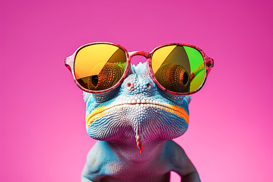 Generative AI illustration of vibrant chameleon flaunts rainbow hued mirrored sunglasses against a lively pink background