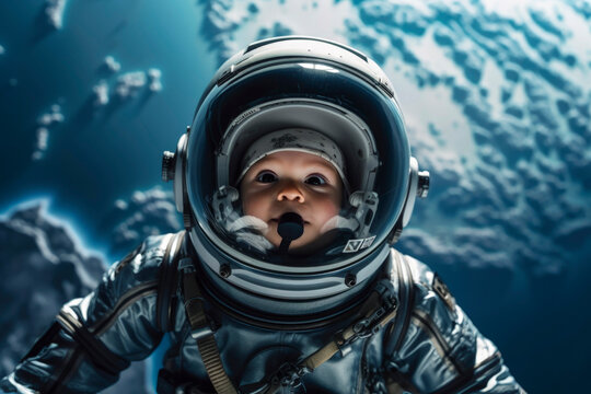 Generative AI image of a little cute baby wearing Extravehicular Mobility Unit and helmet walking in outer space against planet