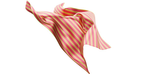 Striped flowing fabric in the wind. Detailed striped folded flying cloth. Abstract element for design. 3D rendering image. Image isolated on a transparent background.