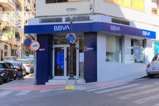 Ibi, Alicante, Spain - November 18th, 2020: Facade of BBVA branch office. Currently in a bank merger with SABADELL group.