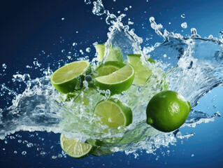 Fresh lime and juice splash on blue splashing water background