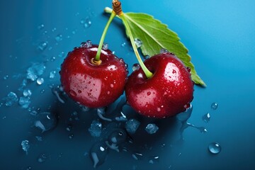 Red cherries with ice cubes on blue background
