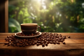 Fototapeta premium Coffee cup and coffee beans on wooden table. Warm morning dawn sun light commercial with bokeh background