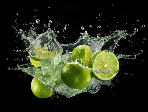 Fresh lime and juice water splash on black background